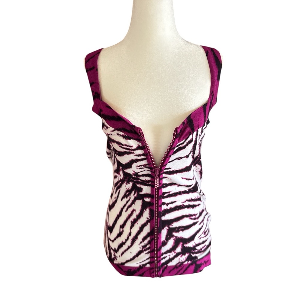 Belldini Zebra Print Top ,rhinestone zip down purple Highlights, great stretch